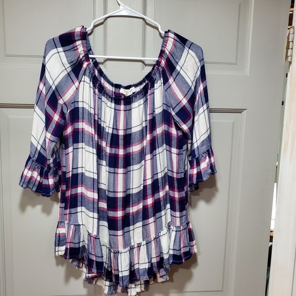 beach lunch lounge Tops - Beach Lunch Lounge Top Women's L Plaid Off Shoulder Tunic Blouse Ruffle Boho